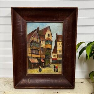 Vintage Framed Street Scene Painting: Signed Art 14" x 10.25" Chunky Wood Frame